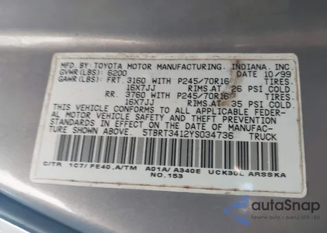 2000 Toyota Tundra Sr5 V8 from USA, damaged, VIN 5TBRT3412YS034736